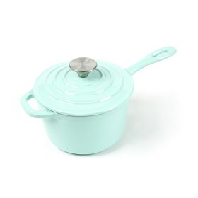 HAWOK Enameled Cast Iron Mini Saucepan, 1QT Saucepan with Lid and Long Handle, Green
